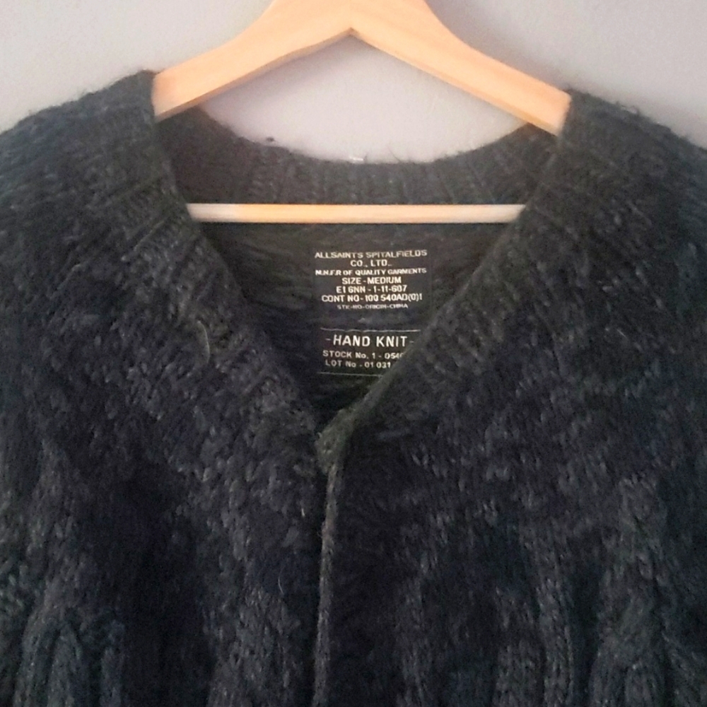 ALLSAINTS Spitalfields Hand Knit Wool Blend Sweater CharcoalGrey Black ButtonDwn - Picture 4 of 17